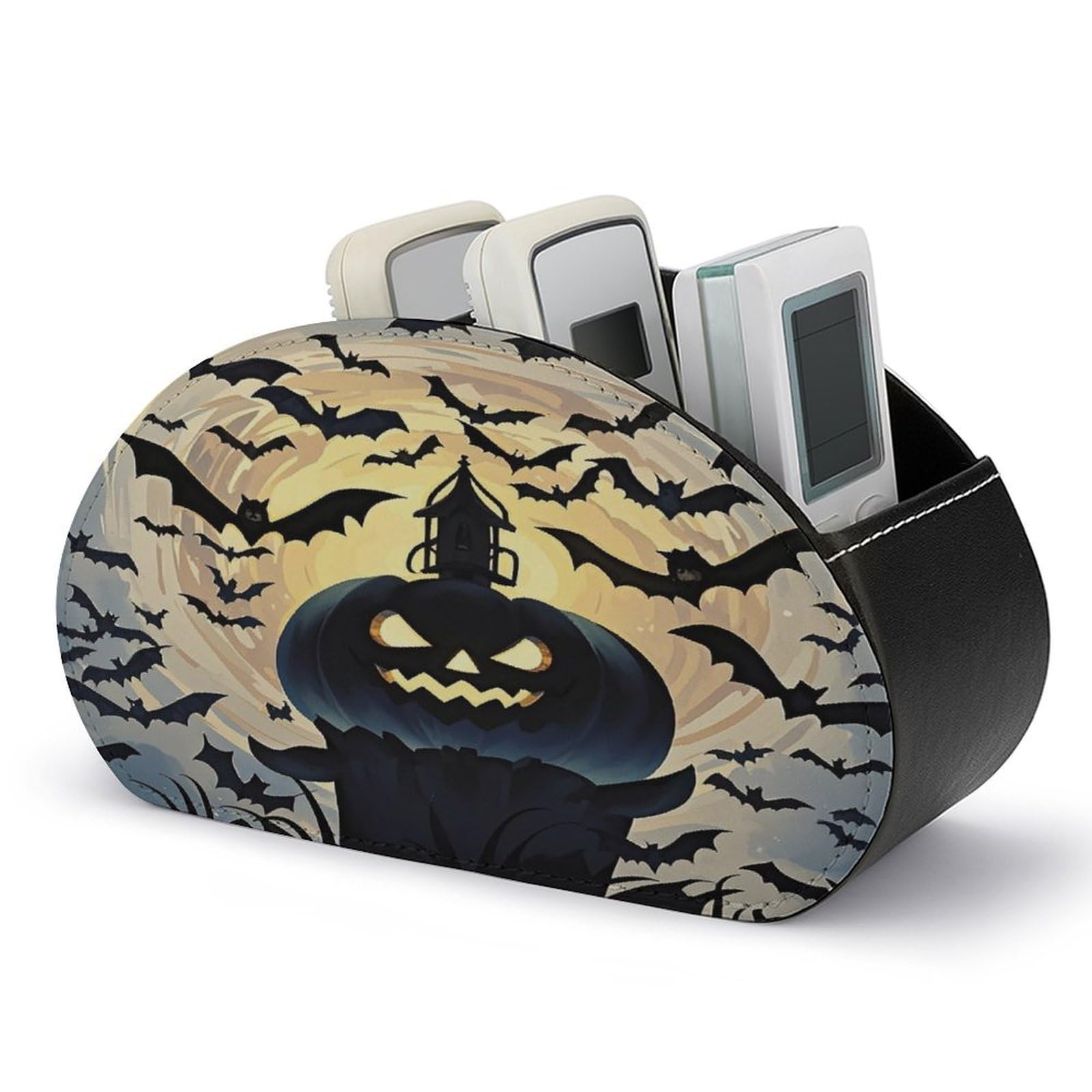 FekiLoot Halloween Flying Bats TV Remote Control Holder with 5 Compartments Multi-functional Leather Bedside Table Remote Caddy Desktop Storage Box for Store Pen Controller Media Player Cosmetic
