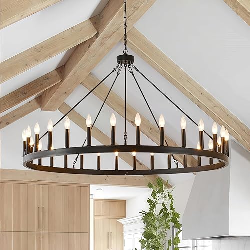 Vista 9 de Candelabro de iluminación de rueda de carro, 6 luces con pantalla de vidrio semillado, lámpara redonda de madera para cocina, isla de vestíbulo