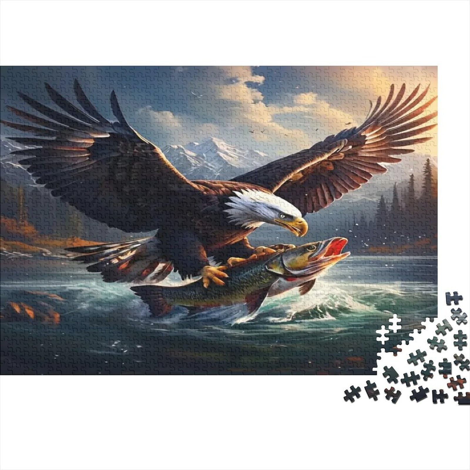 Bald Eagle Hunting River Fish 1000 Piece Jigsaw Puzzle Paper for Adults Wildlife Scenery Puzzle Game for Family Relaxation Focus Home Decor Gift 38x26cm/1000pcs — image 1
