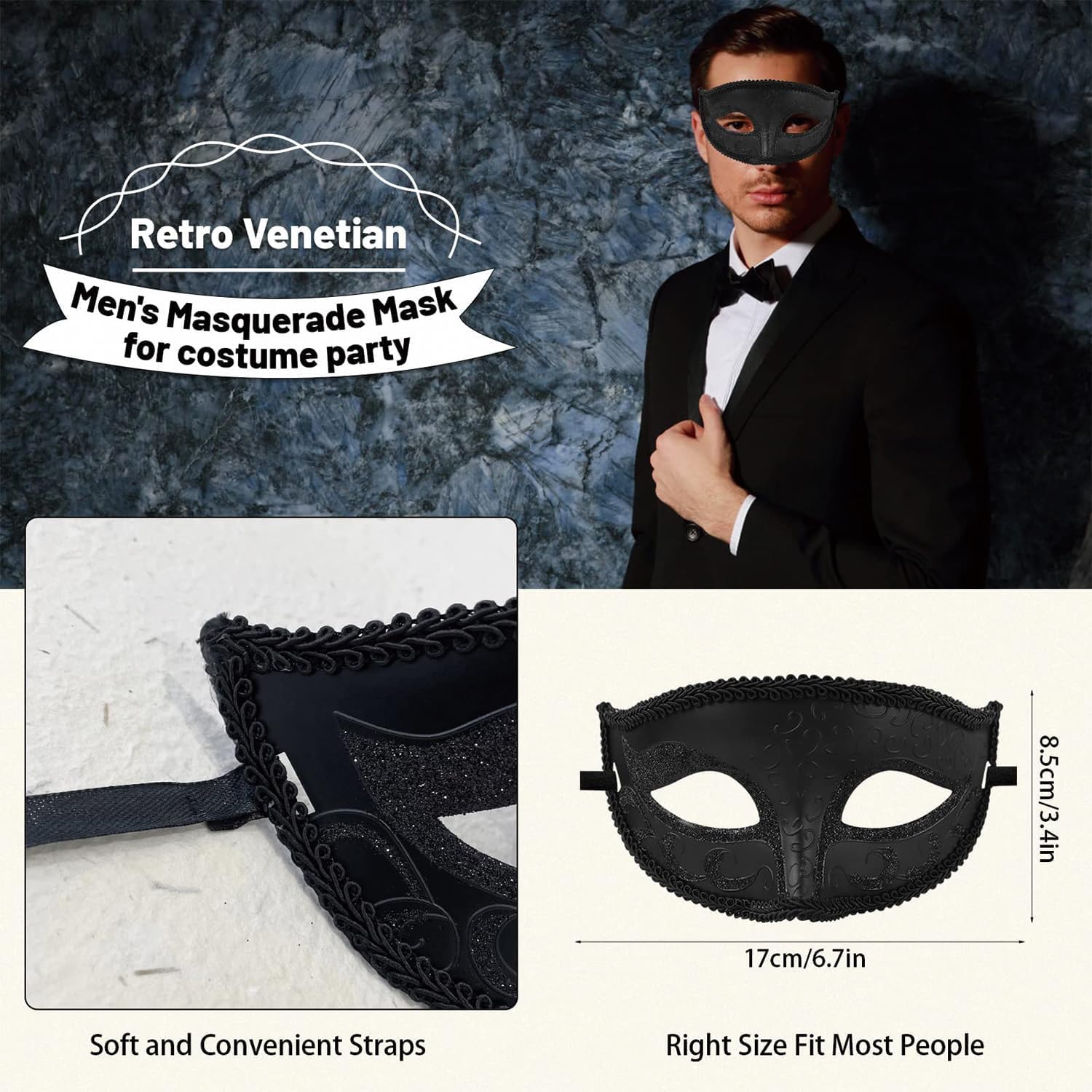 FJDRSIG Vintage Black Masquerade Mask,Venetian Mysterious Men masquerade mask,Party Eye Mask,Masquerade Mask for Men,Venetian Black Eye Masks,for Mens or Women Mardi Cosplay and Mysterious Mascarade - Image 2