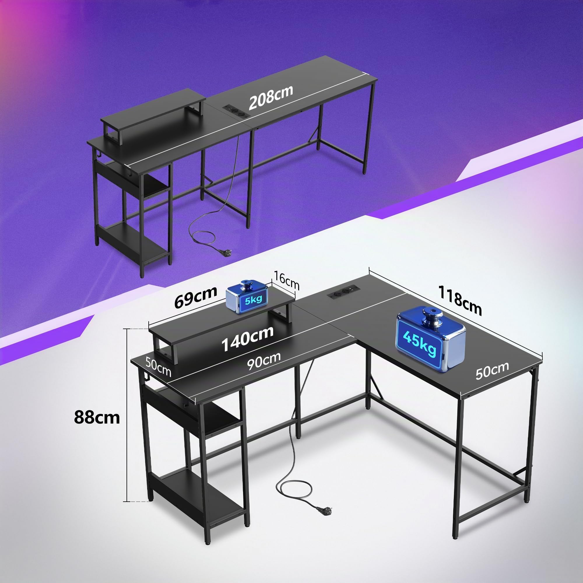 DEVAISE Bureau d'angle en L 140 x 120 cm avec Prises, LED et Étagères de Rangement, Table pour Gaming, Bureau et Télétravail, Noir