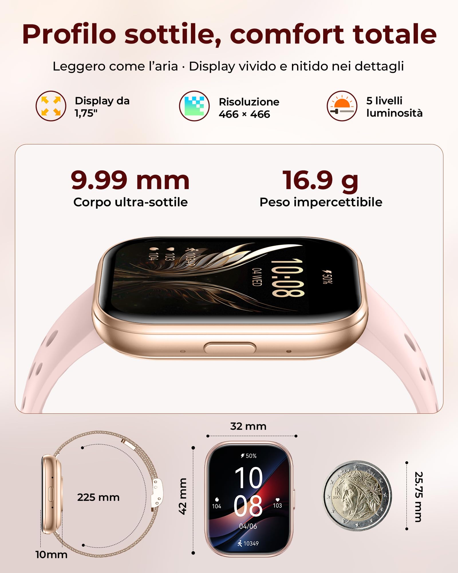 Iaret Smartwatch Donna, Regalo con 4 Cinturini e Charm, Orologio con Display HD da 1,75", Chiamate Bluetooth, Monitor Frequenza Cardiaca SpO2 Sonno, 120+ Modalità Sport, Compatibile con Android iPhone