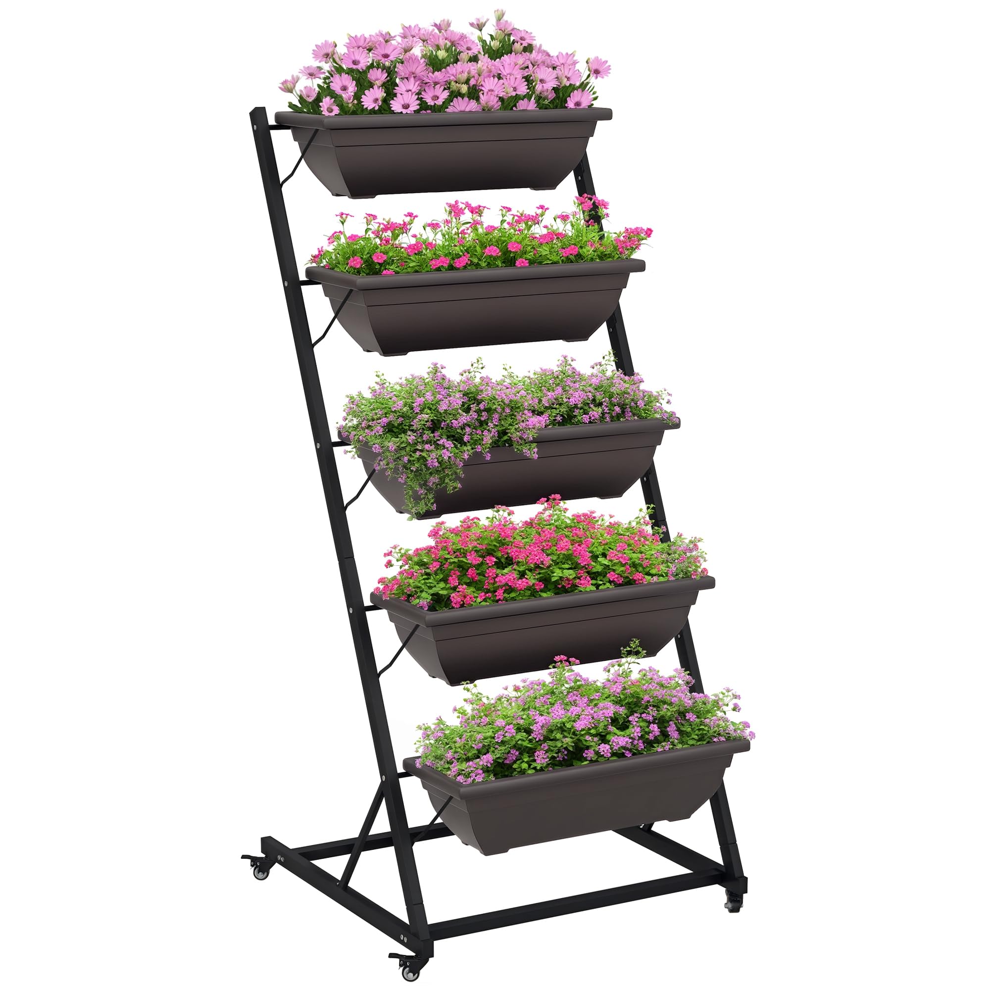 Outsunny 5-Etagen Pflanzenständer, 145 cm hoch Blumenständer mit Rollen Töpfe, Pflanzenregal aus Stahl, mehrstöckig Blumenregal, Blumentreppe Blumentopfständer für Garten Balkon