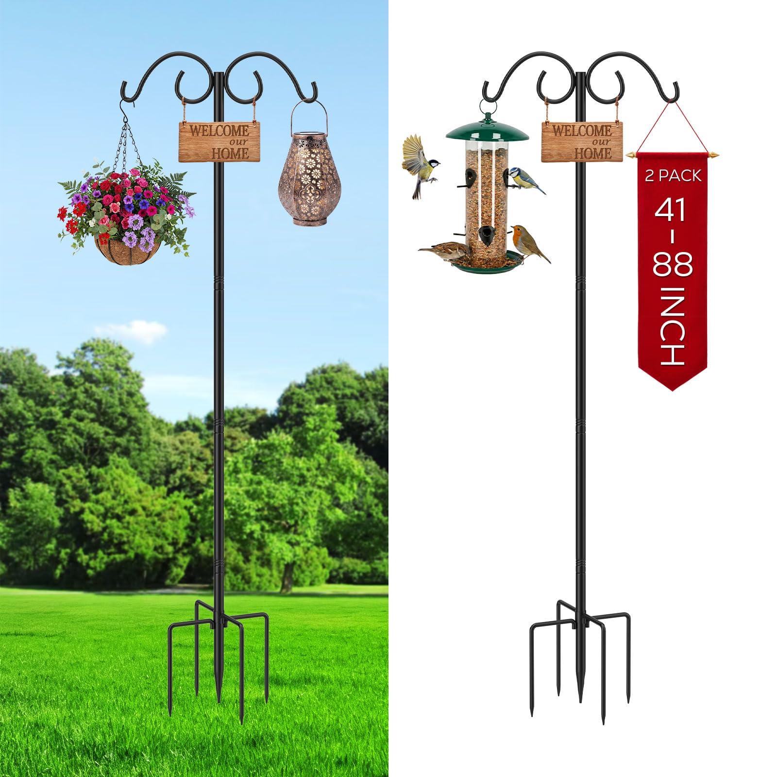 MoKo Double Shepherds Hooks, 88 in Bird Feeder Pole 0.9 InThick, 2 Pack