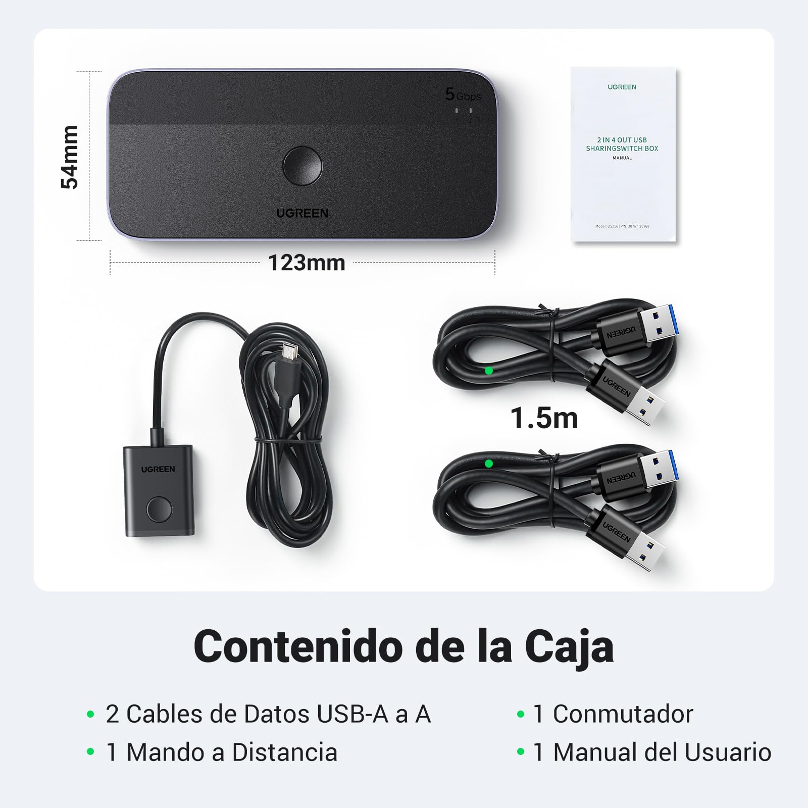 UGREEN KVM Switch 2 Entradas y 4 Salidas Conmutador USB 3.0 con 2 Cable para Compartir 4 Dispositivos de Teclado, Ratón, Memorias, Disco Duro, Impresoras, Escáneres, etc