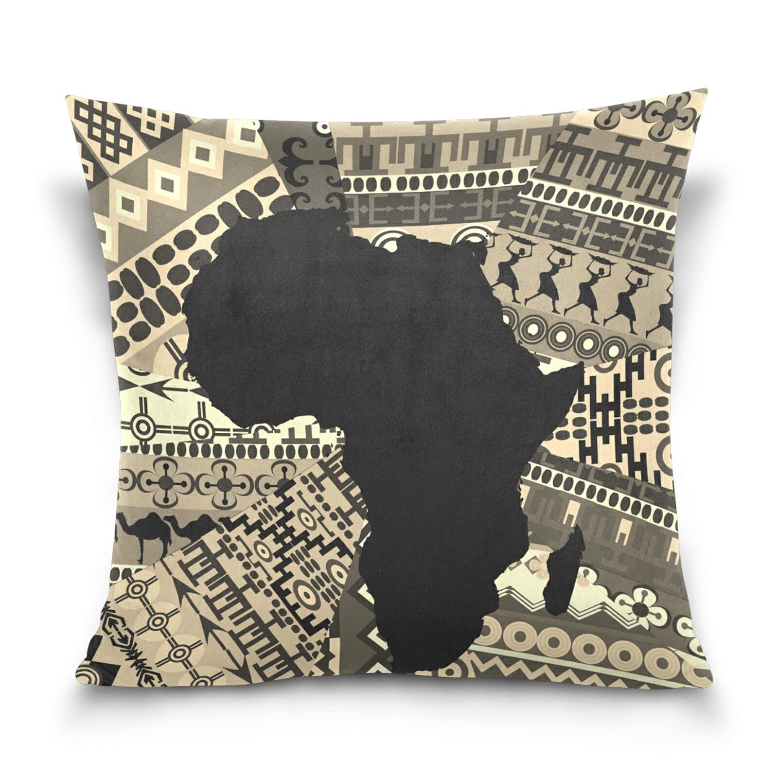 Poeticcity Vintage Africa Map on Tribal Ethnic Patchwork Background Cotton Velvet Throw Pillow, Soft Breathable Bed Pillows, Pillowcase Sham Cushion Covers Twin Sides for Car Couch Bed 16x16 inches