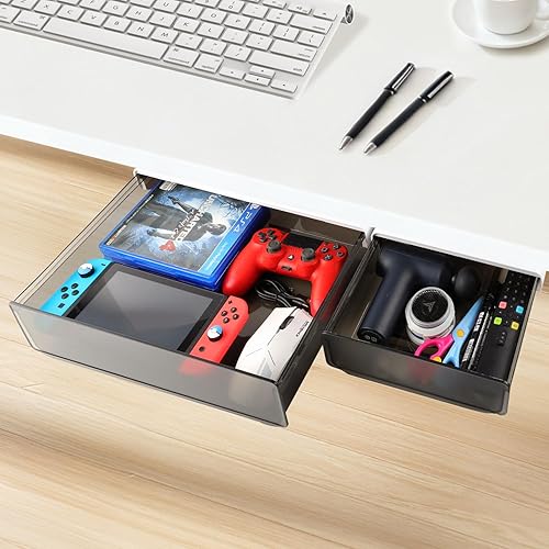 OSPNIEEK Organizador de cajones debajo del escritorio autoadhesivo, paquete de 2, bandeja de soporte de lápices extraíble de gran tamaño para montar