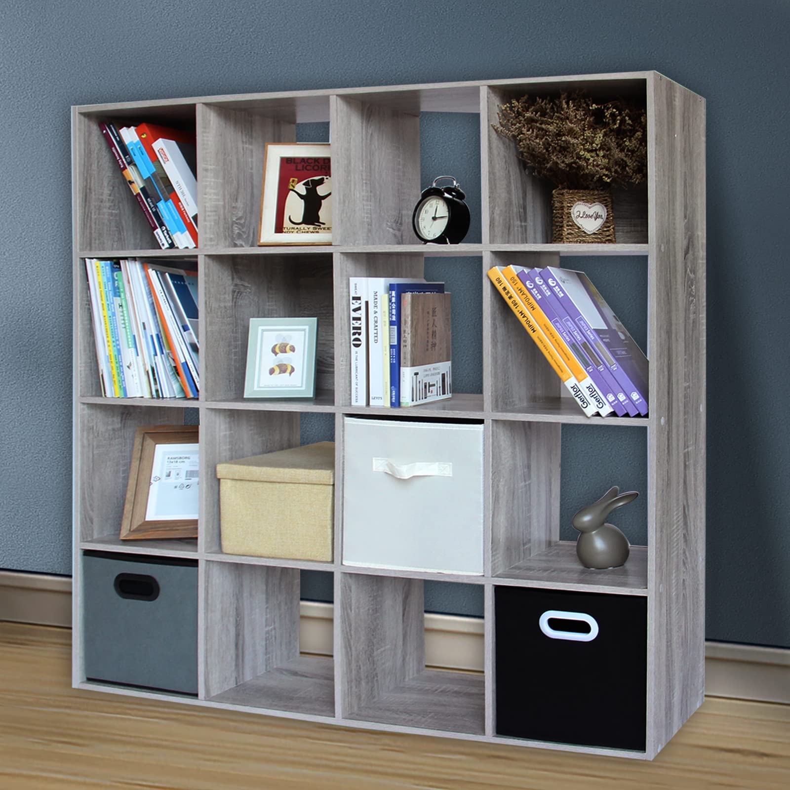 PACHIRA E-Commerce US 16 Cube Storage Organizer, Unit Shelf, Closet Cabinet, DVD Rack Bookshelf File Organizer Rack in Living Room, Bedroom, Study, 16 Cube, Oak Grey