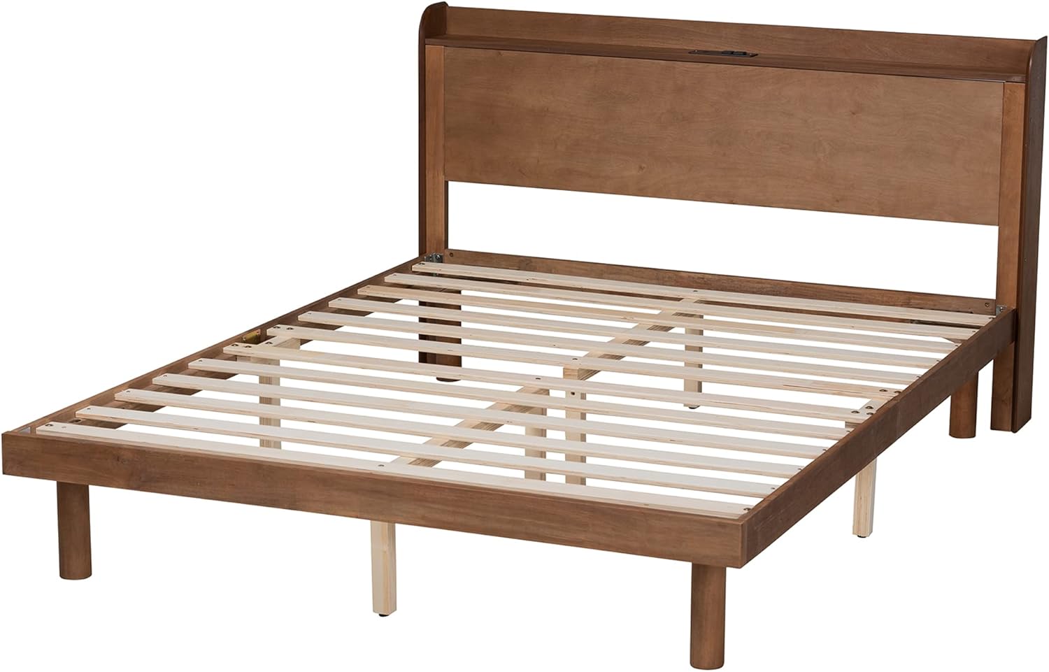 Baxton Studio Decker Mid-Century Modern Transitional Walnut Brown Finished Wood Full Size Platform Bed with Charging Station