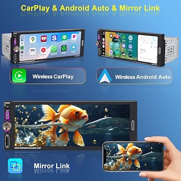 6.9 Single DIN Car Radio with Wireless Apple CarPlay, Car Bluetooth 5.2, AM FM Radio, IPS Touchscreen 1280x480, Backup Camera, Type-C Fast Charging, USB, 180W Subwoofer, Android Auto, GPS Navigation