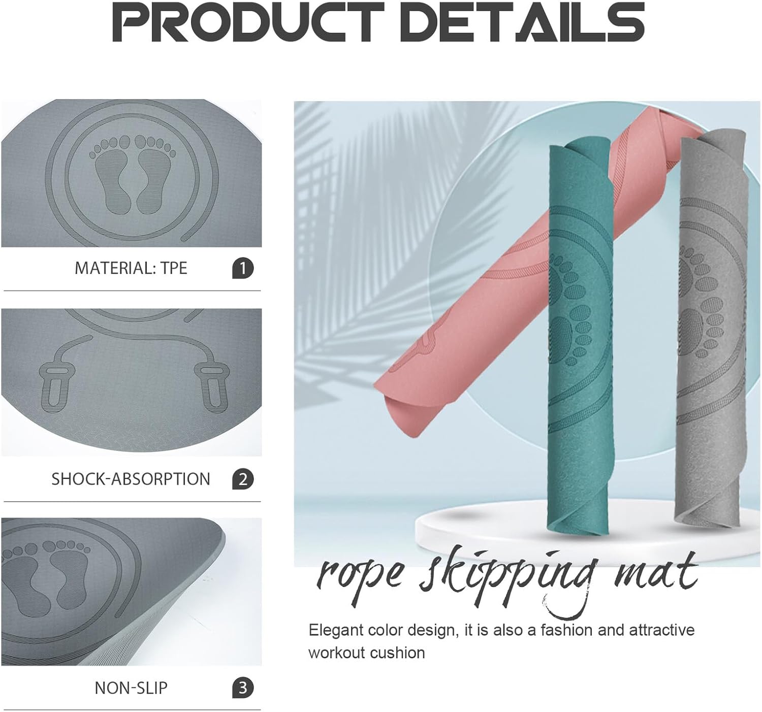 Shockproof Jump Rope Mat Non-slip Tpe Workout Cushion round Fitness Mat 0.8cm Thick Gray Indoor Home Gym Exercise for Jumping and Yoga