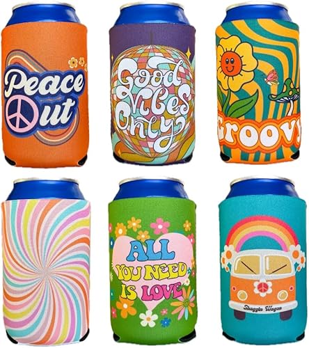 Coozies temáticas de los años 70, regalo genial para cualquier discoteca, material de neopreno de alta calidad, paquete de 6 (lata de cerveza