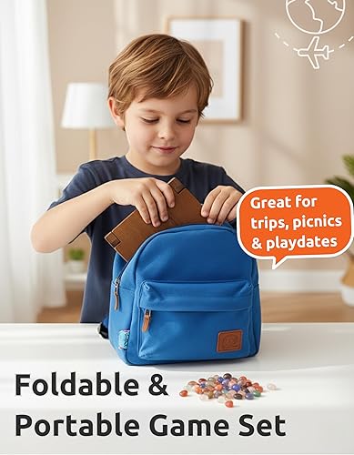 Miniatura 5 de Juego de mesa Mancala de madera - Juego clásico de estrategia de piedra africana con piedras de vidrio de colores - Juego de viaje plegable y juego