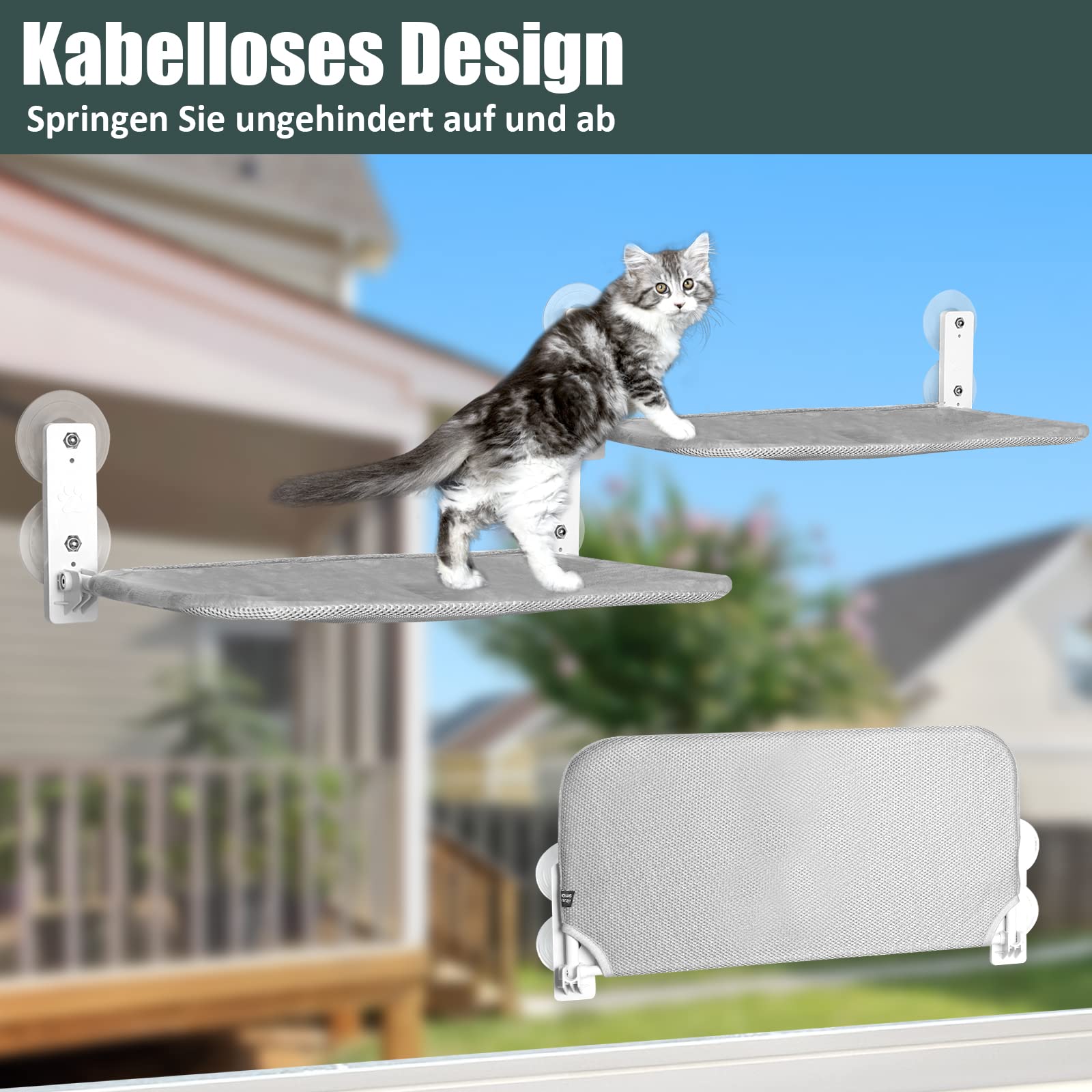 GUUSII HOME Fensterliege für Katzen Hängematte Fensterplätze Katzenbett Fenster Faltbare Katzenhängematte Fensterhängematte Katzenliege Katzenhängebett mit Starken Saugnäpfen(Grau,L)