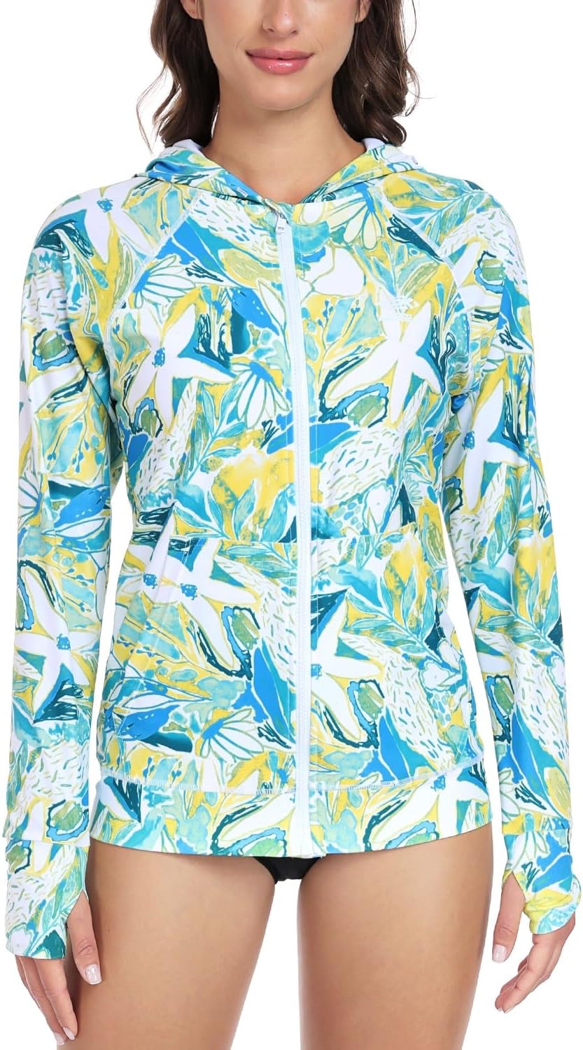 AXESEA Women's Hoodie Rash Guard UV Sun Protection Long Sleeve Hooded Swim Shirts Full Zip Front Swimsuit Tops
