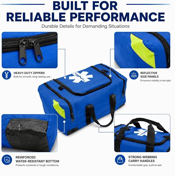 NOVAMEDIC NM-4124 Empty Trauma First Aid Medical Bag, 21x15x5, Multi Compartment First Responder Carrier for EMT, Paramedics, Emergency and Medical Supplies Kit, Lightweight and Durable (Blue)