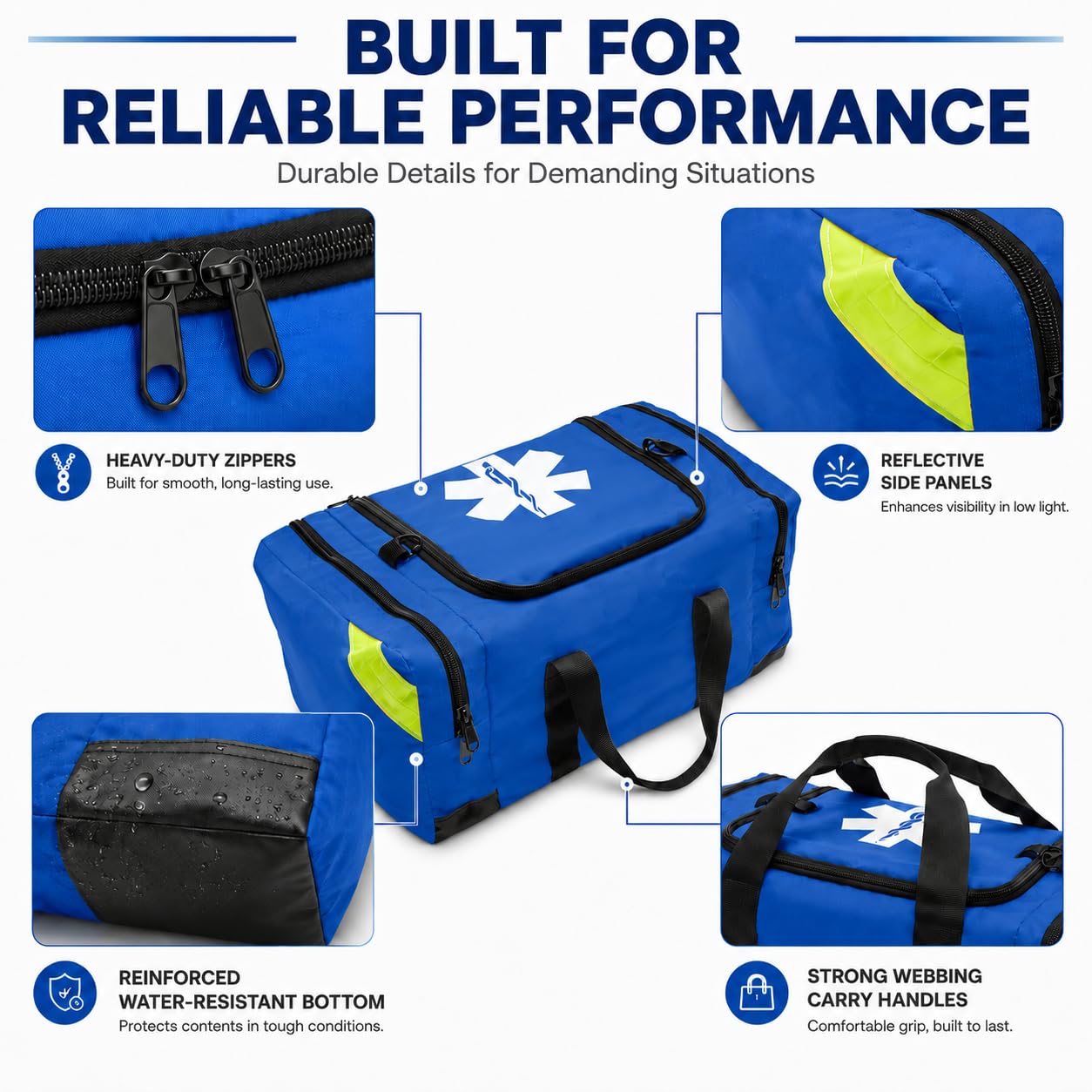 NOVAMEDIC Bolsa médica vacía azul de primeros auxilios para traumatismos, 21 x 15 x 5 pulgadas, transportador de primeros auxilios con múltiples compartimentos para EMT, paramédicos, emergencia y kit