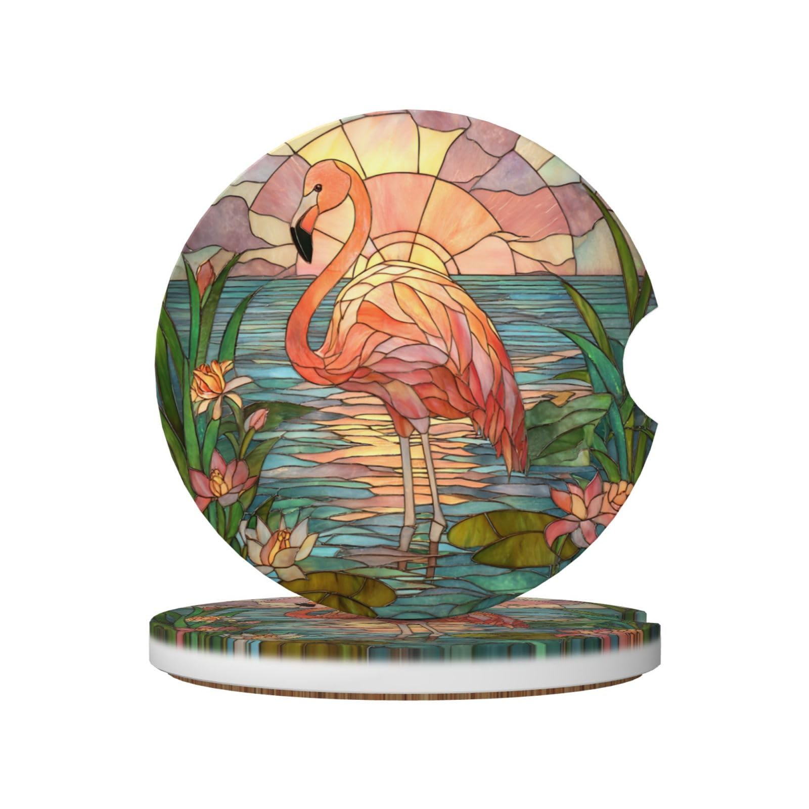 Stained Glass Flamingo Standing in Shallow Water Ceramic Coasters,2pcs