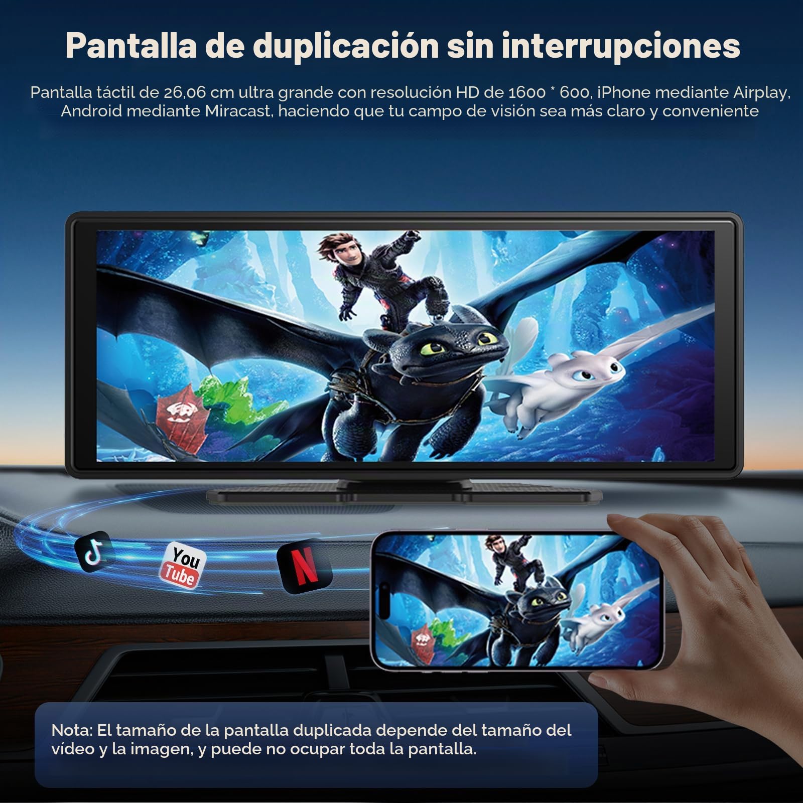 10.26" Pantalla Carplay Coche para Apple CarPlay & Android Auto, Táctil Pantalla con 4K Dash Cam / 1080P Cámara Retrovisora, CarPlay Autoradio Pantalla Táctil Soporta Doble WiFi / Video
