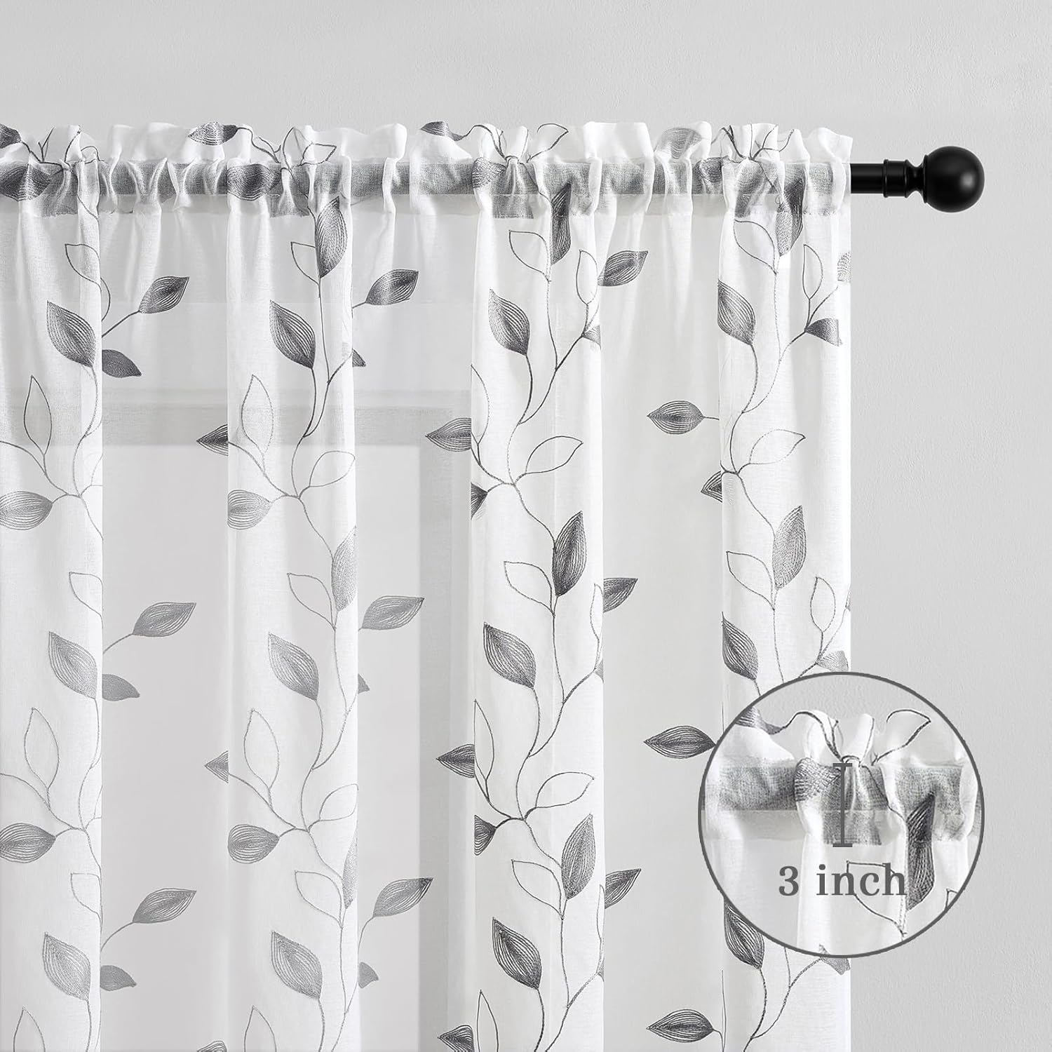Leaves Sheer Curtains 72 Inches Long 2 Panels for Bedroom White Voile Crushed Grey Leaf Embroidered Curtains Light Filtering Rod Pocket Neutral Botanical Floral Semi Sheer Voile Crushed Drapes, 50x72