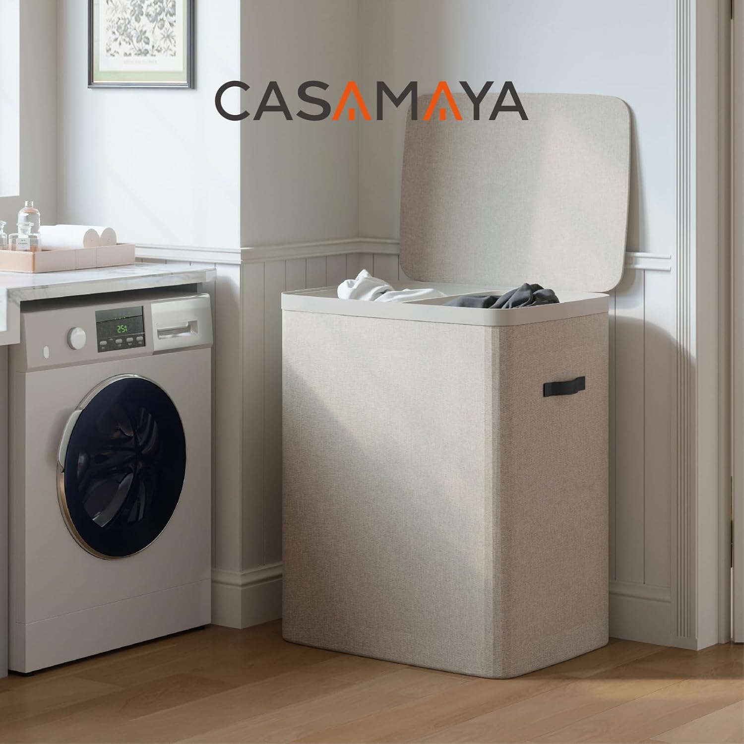 CASAMAYA Laundry Basket with Lid, Laundry Hamper 2 Section, 170L collapsible Laundry Organizer, Easy Assembly, with Handles and Removable Liners, 22 x 15.7 x 29.5 Inches, Beige JSP903M