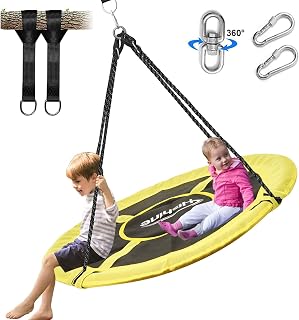Hishine 43" Saucer Tree Swing for Kids, 360° Rotate Waterproof Flying Saucer Swing with Swivel, Hanging Straps, Adjustable Ropes, 110cm Round Mat Spinner Swing for Tree/Swing Set (Yellow)