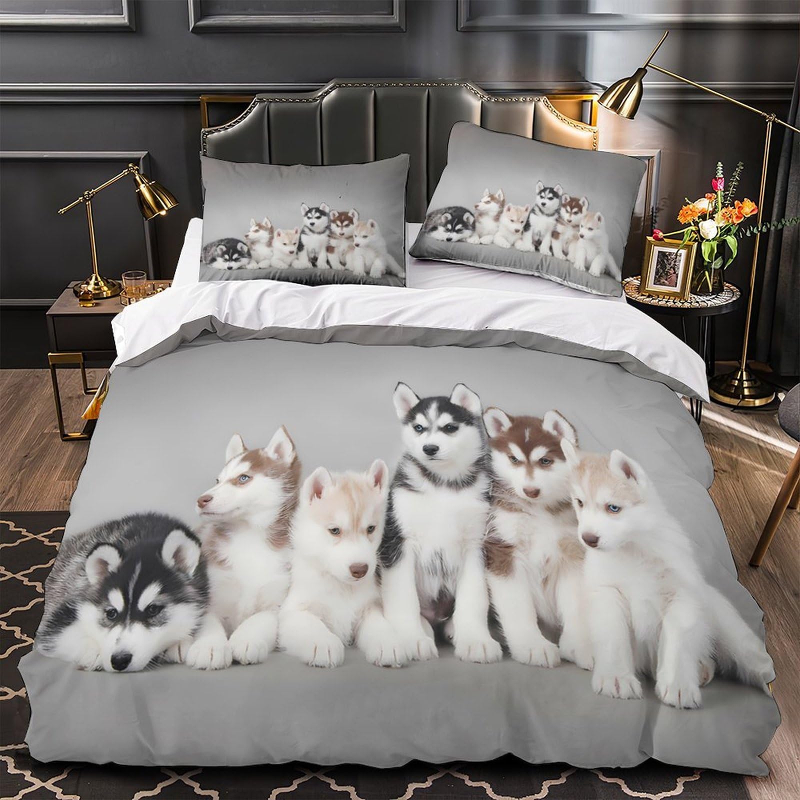 Housse de couette chiots sibériens 260x220 anti-tache avec drap de couette mignon pour adolescents