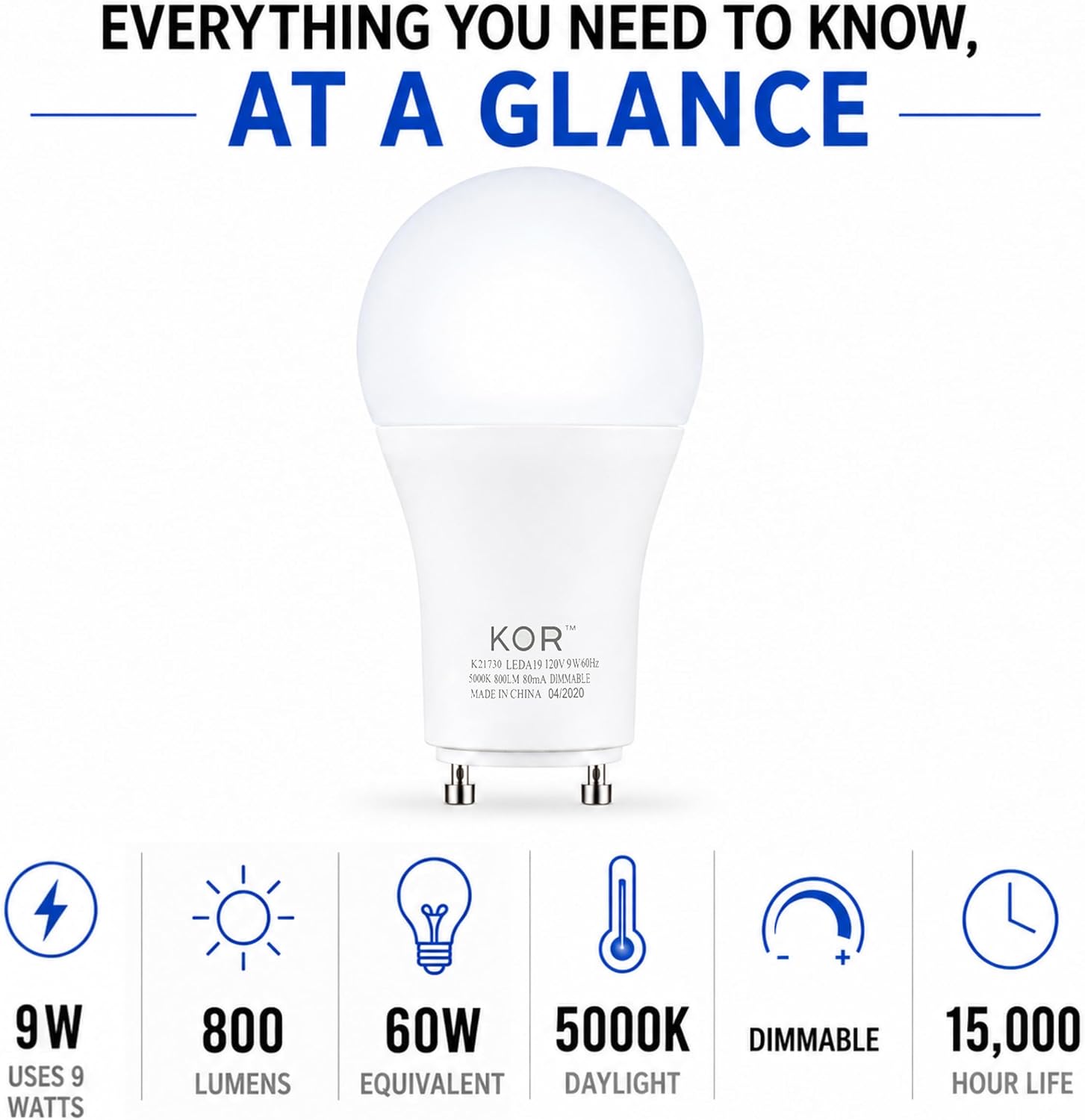 KOR GU24 A19 LED Light Bulbs, 5000K Daylight, Dimmable, 9W, 4-Pack image 3