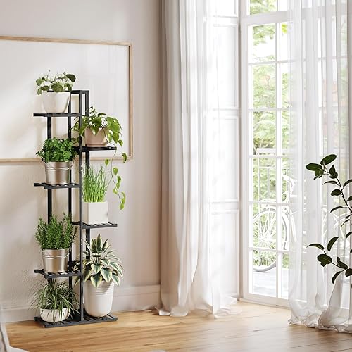 Miniatura 2 de ROSSNY Soporte para plantas de interior, 6 niveles y 7 macetas de bambú para plantas de interior, soporte de esquina para plantas, soportes para