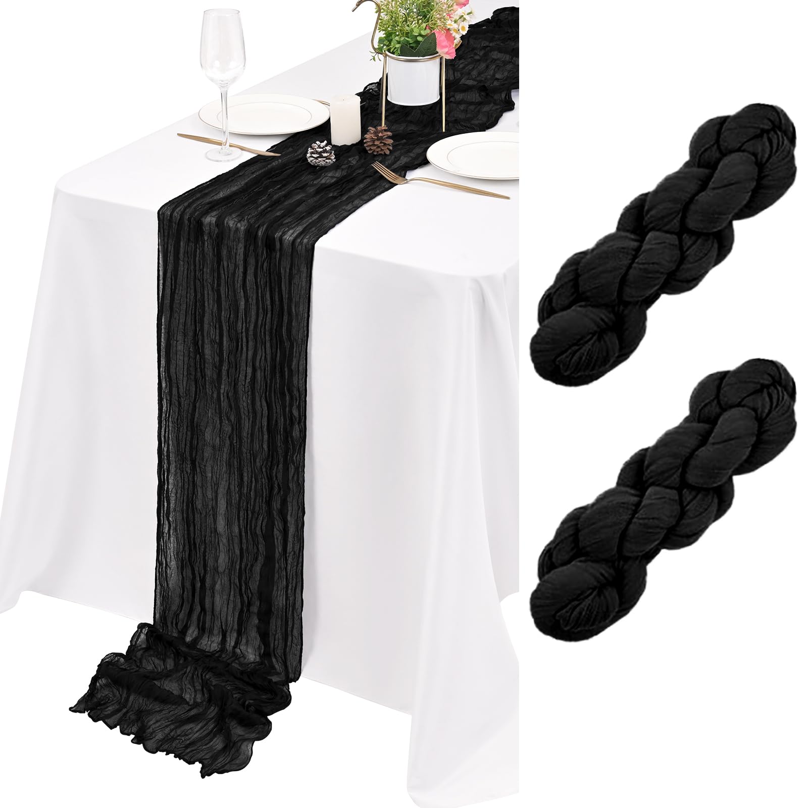 2 Pack Black Cheesecloth Table Runner 17×108inches Table Runner Wedding Decor Boho Gauze Cheese Cloth Table Runner for Wedding Party Baby Bridal Shower Birthday Holiday Home Easter Party