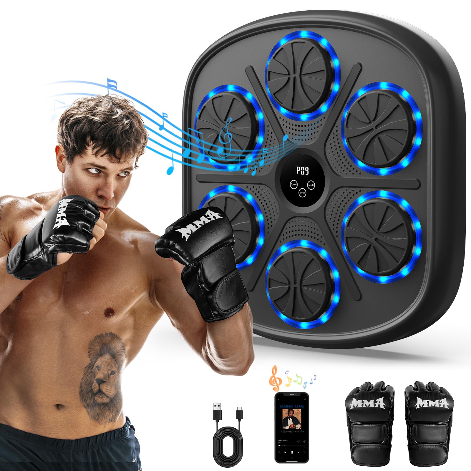 Macchina da Boxe Musicale 2025 con Cavo di Ricarica da 2m e 2 Guanti, Macchina da Boxe Bluetooth a Parete con Musica, Volume Regolabile degli Effetti Sonori, Materiale PU Resistente, Fitness