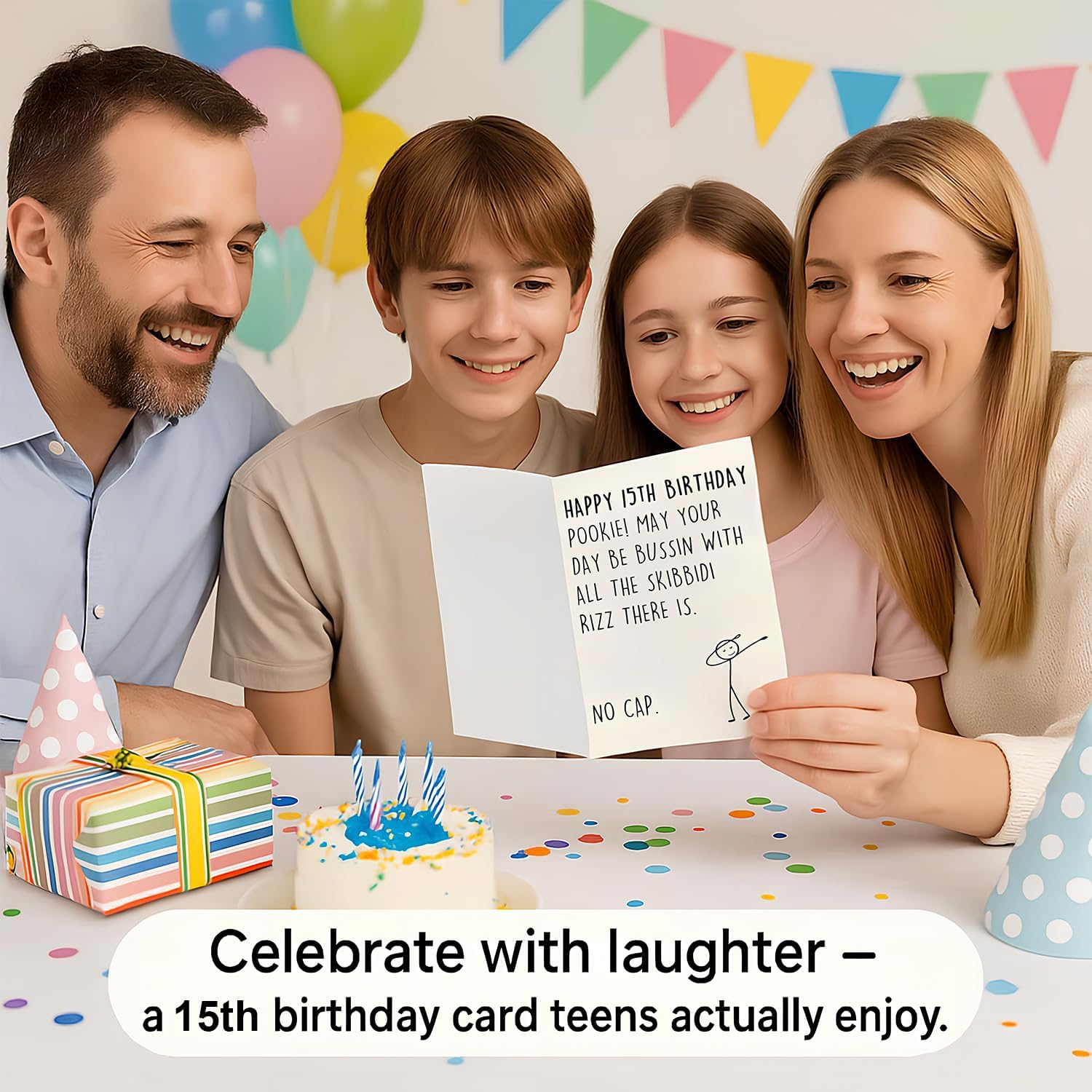 15th Funny Birthday Card: Standard 8x5.3in Greeting Gift with Meme Humor and Teen Slang for 15 Year Old Boy Girl Son Daughter Family Celebration