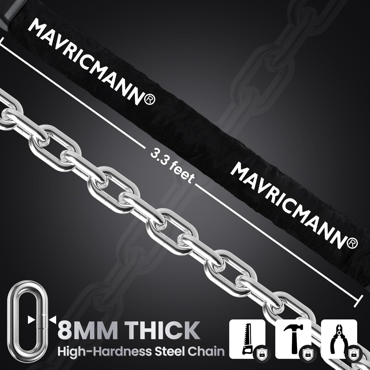 Bike Chain Lock, 3.3 FT Long 5/16"(8mm) Thick Anti-Theft Bicycle Locks, Heavy Duty Bike Lock with 2 Keys, Waterproof Lock for Bike