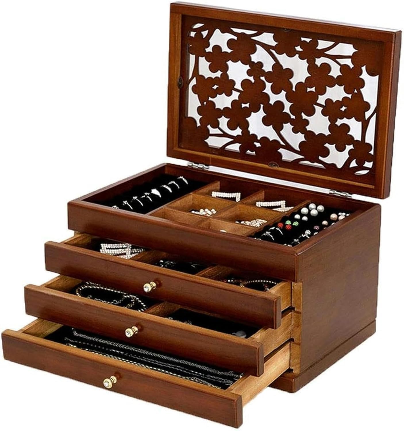 KEuLen Portagioie in Legno, Portagioie Donna, Scatola portagioie in Legno con Quattro Piani, ad Alta capacità, Vintage, con cassetto Versatile