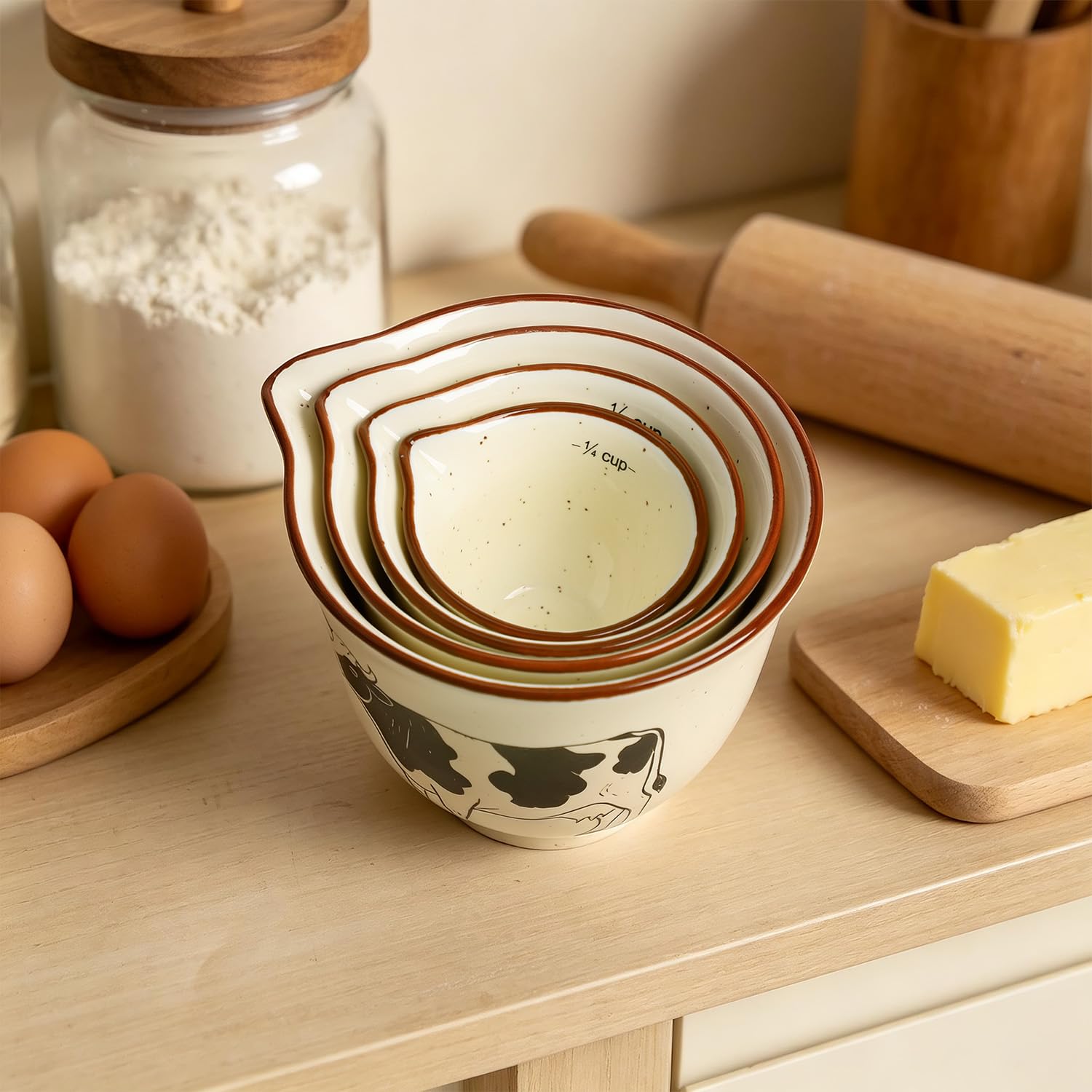 Sizikato Set di misurini in ceramica, 4 tazze in ceramica per cucinare e cuocere, simpatici motivi di animali