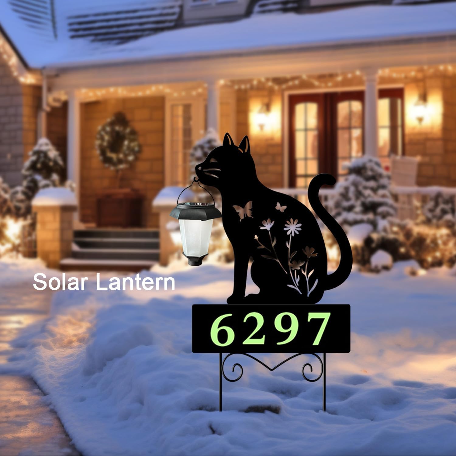 Solar Cat Garden Stakes Cat Holding Solar Lantern Decor Stakes Animal Yard Decorative Stakes Yard Sign -Number