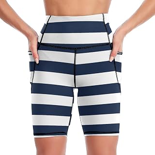 Navy Blue and White Stripe Women's Biker Yoga Shorts with Pockets High Waist Workout Shorts for Running Athletic