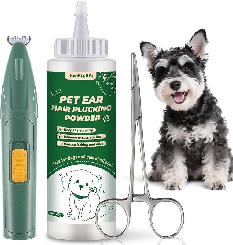 Kit de Cuidados para Ouvidos de Cães EcoStylife com Pó de Sílica, Aparador Elétrico e Pinça