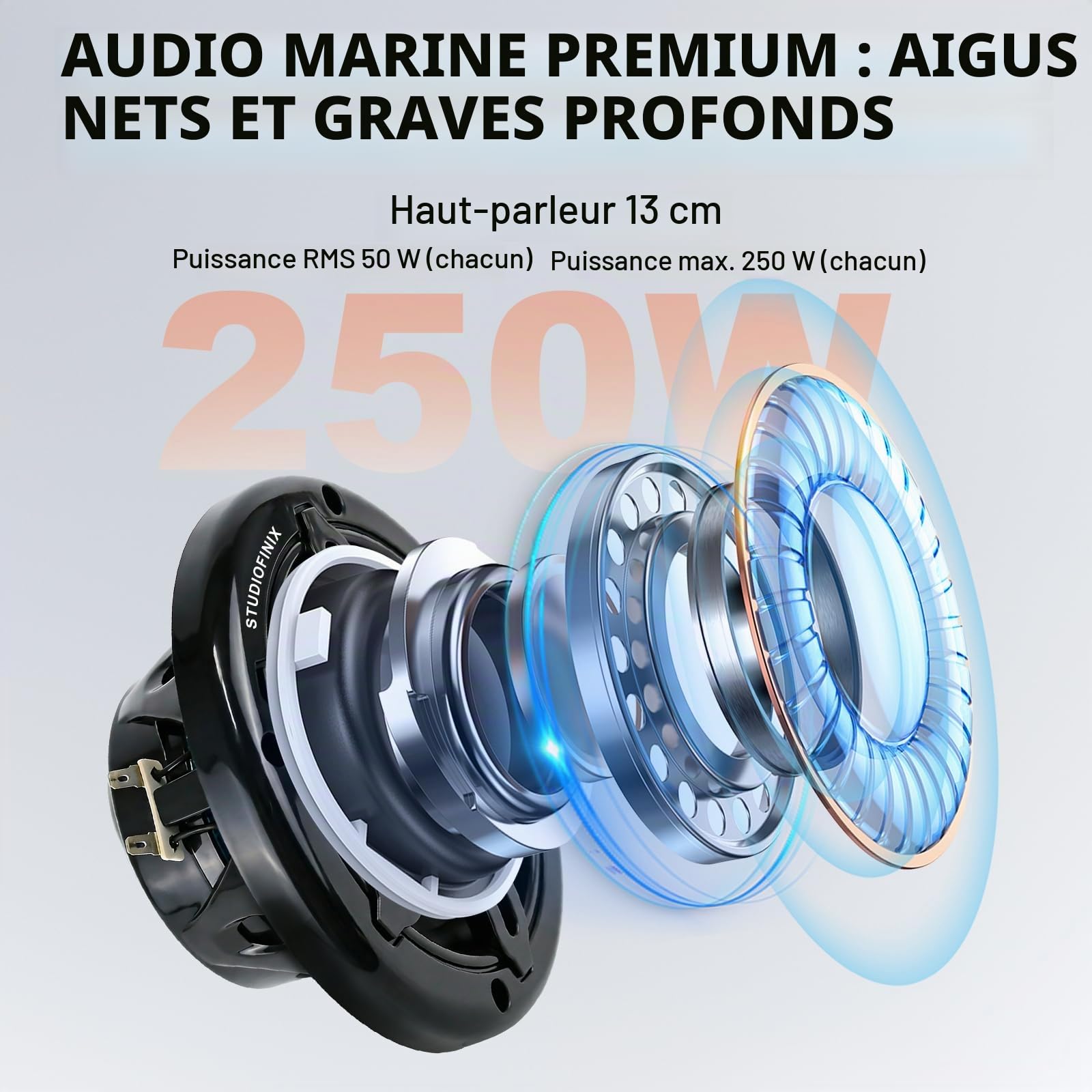 Enceintes Marines STUDIOFINIX 5,25 Pouces, 500 W, avec éclairage LED - Enceintes 2 Voies résistantes aux intempéries, idéales pour Les Bateaux, Les quads et Les UTV (Paire, Noir)