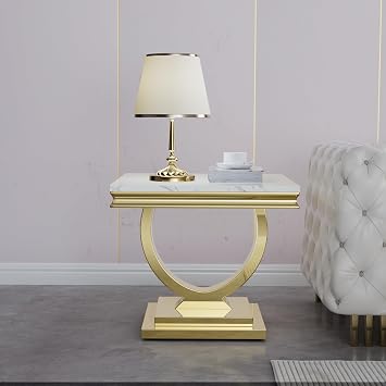 Modern Square White Faux Marble End Table, 0.71" Thick Faux Marble Top, U-Shape Stainless Steel Base with Gold Mirrored Finish for Living Room White1