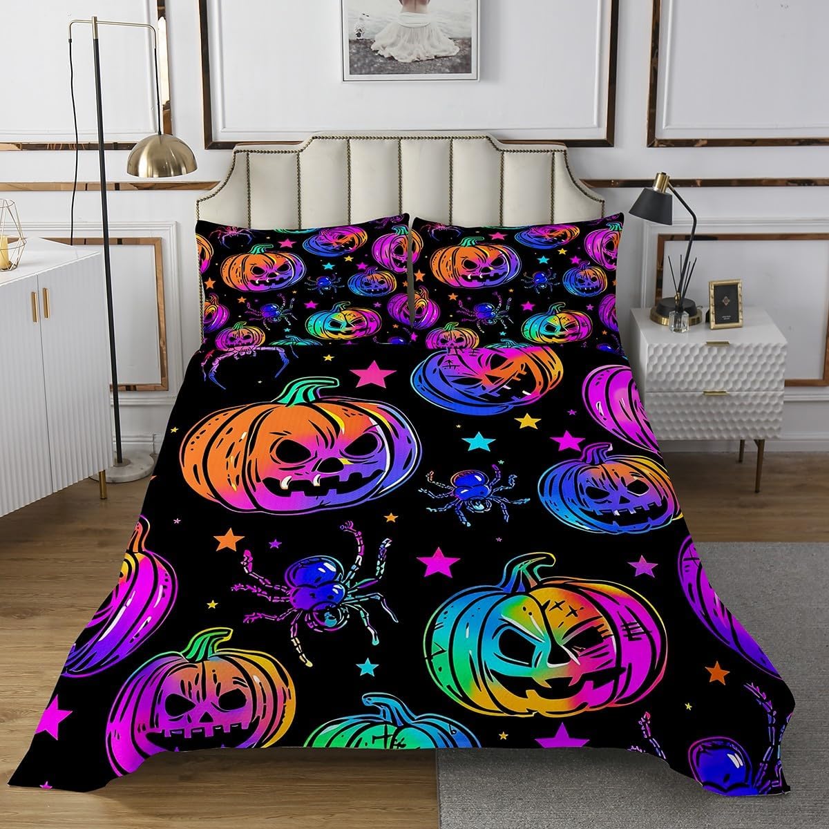 Erosebridal Rainbow Pumpkin Lantern Quilt Set Aesthetic Spiderwebs Halloween Spider Web Bedspread Set Glitter Stars Galaxy Coverlet Set Twin,Cobwebs Gothic Psychedelic Halloween Pumpkin Decorations