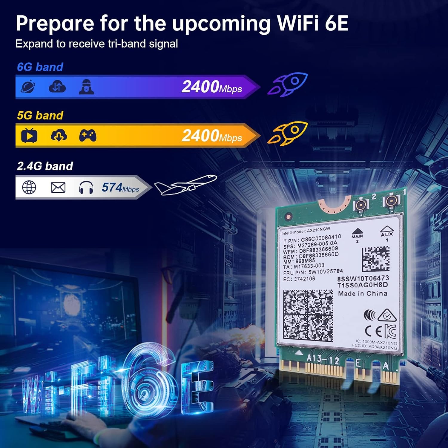 Intel AX210NGW WiFi 6E Wireless Card for Laptop + PCIe WiFi 6E Card Bluetooth 5.2 AX 5400 Mbps AX210 Tri-Band 6Ghz/5.8GHz/2.4GHz