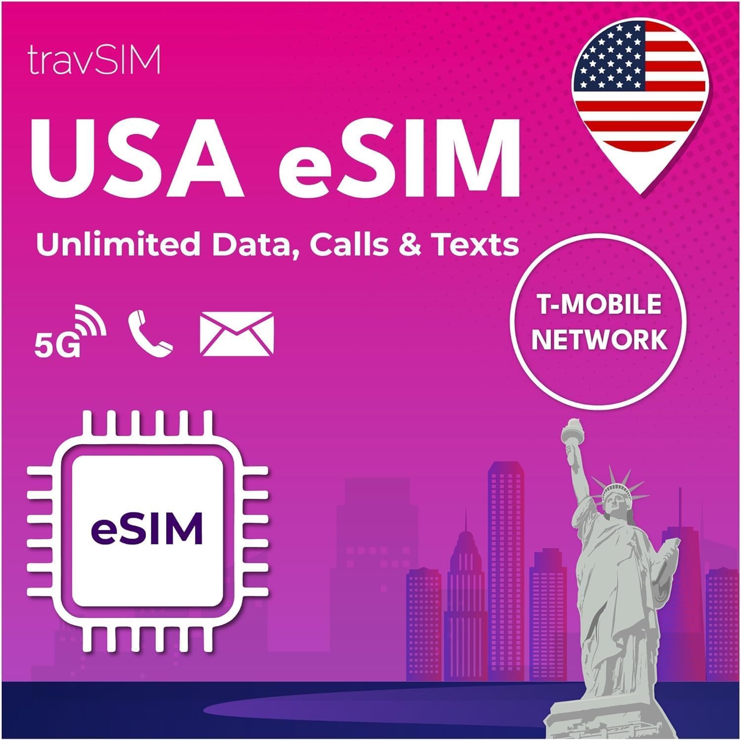 travSIM USA eSIM | T-Mobile Netz | Unbegrenzte Daten, Anrufe & Texte in den USA | e SIM Amerika funktioniert auf eSIM kompatiblen iOS & Android Geräten | e SIM Karte USA 14 Tage