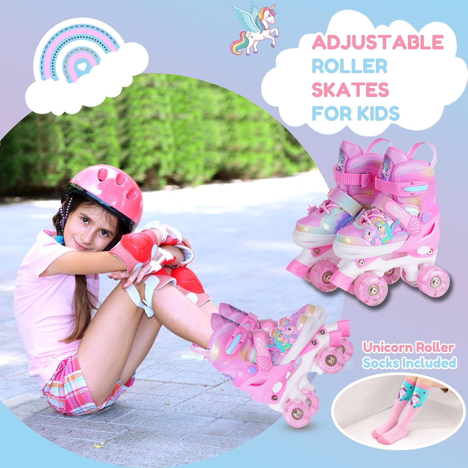 Girls Roller Skates for Kids Ages 3-12 Adjustable Light Up Roller Skates for Toddlers Beginners Boys Unicorn Mermaid Rainbow Gift for Indoor Outdoor Sports