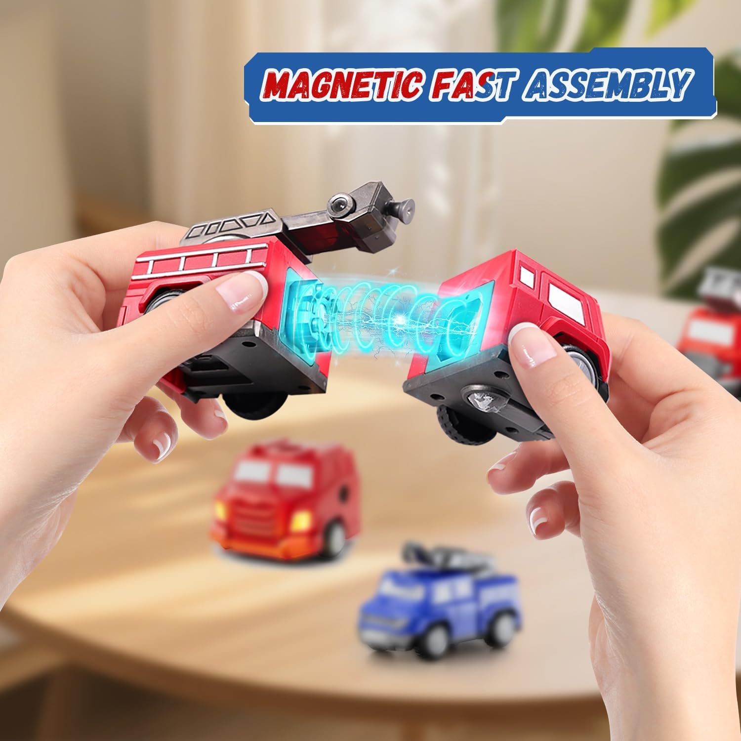 Magnetic Car 5 in 1 Transform Fire Robot Toys for 3 4 5 6 7 Year Old Boys, Magnetic Robotic Action Figures Building Set for Kids,Birthday Gifts Ideas for Boys Ages 3 4 5 6 7(Blue)