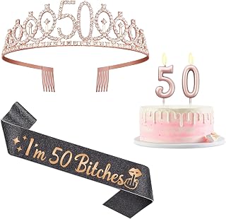 50th Birthday Decoration for Women Rose Gold and Black | Black I'm 50 Bitches Sash, Rose Gold Tiara, Rose Gold Numbers 50 Candles, Gifts for 50th Year Old Women