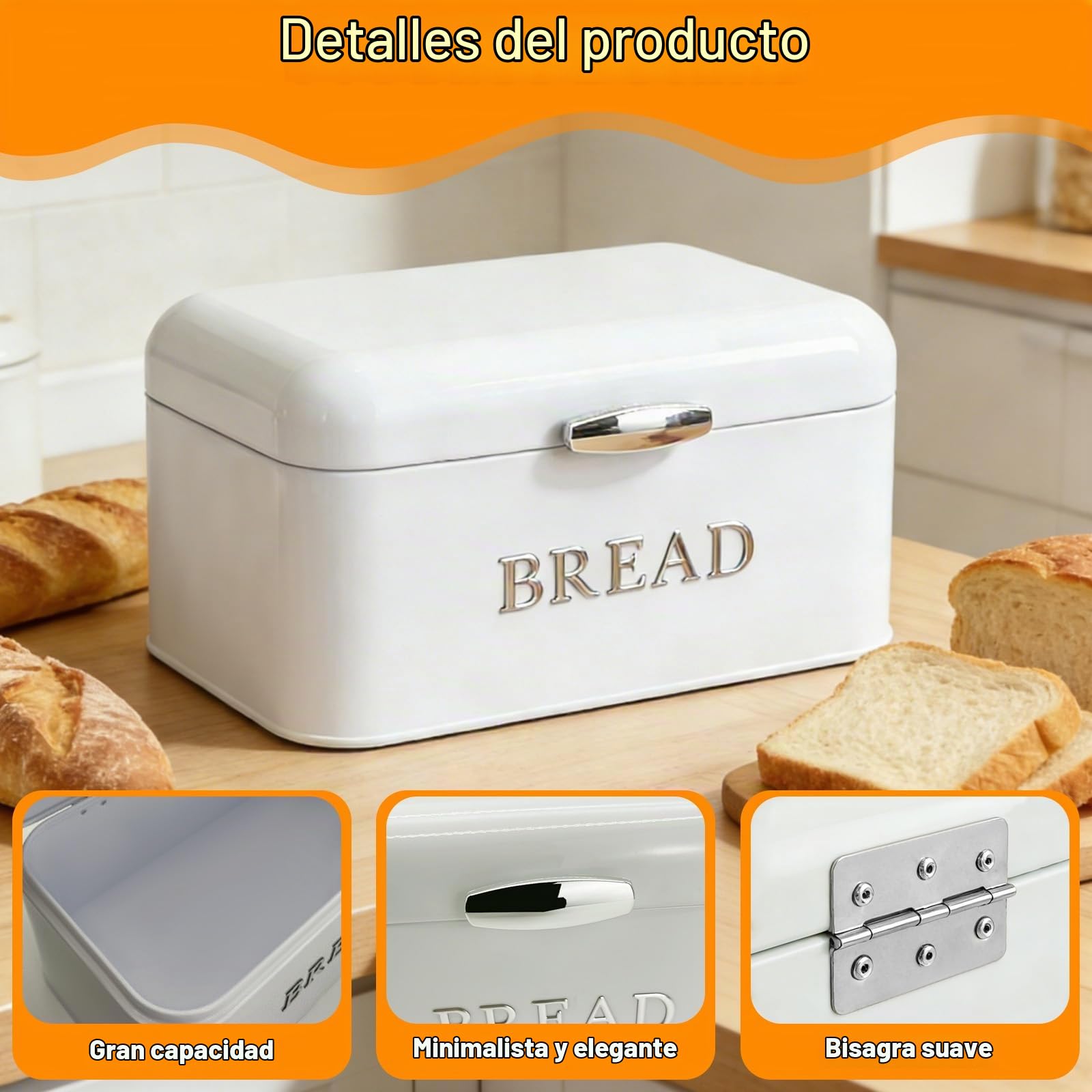 Panera Cocina Grande con Tapa, Paneras Mesa Blanco, Recipiente Almacenamiento Fácil Limpiar, Caja Metal Vintage para Guardar Pan, Galletas, Pasteles, Bollería, Frutas (30 x 16 x 18cm)