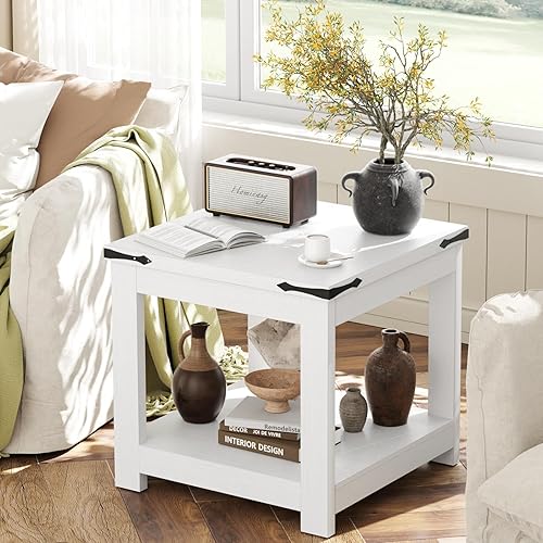 Miniatura 6 de Homieasy Mesa auxiliar, mesa auxiliar cuadrada de 20 pulgadas, mesa auxiliar de madera estilo granja con estante de almacenamiento, mesita de noche