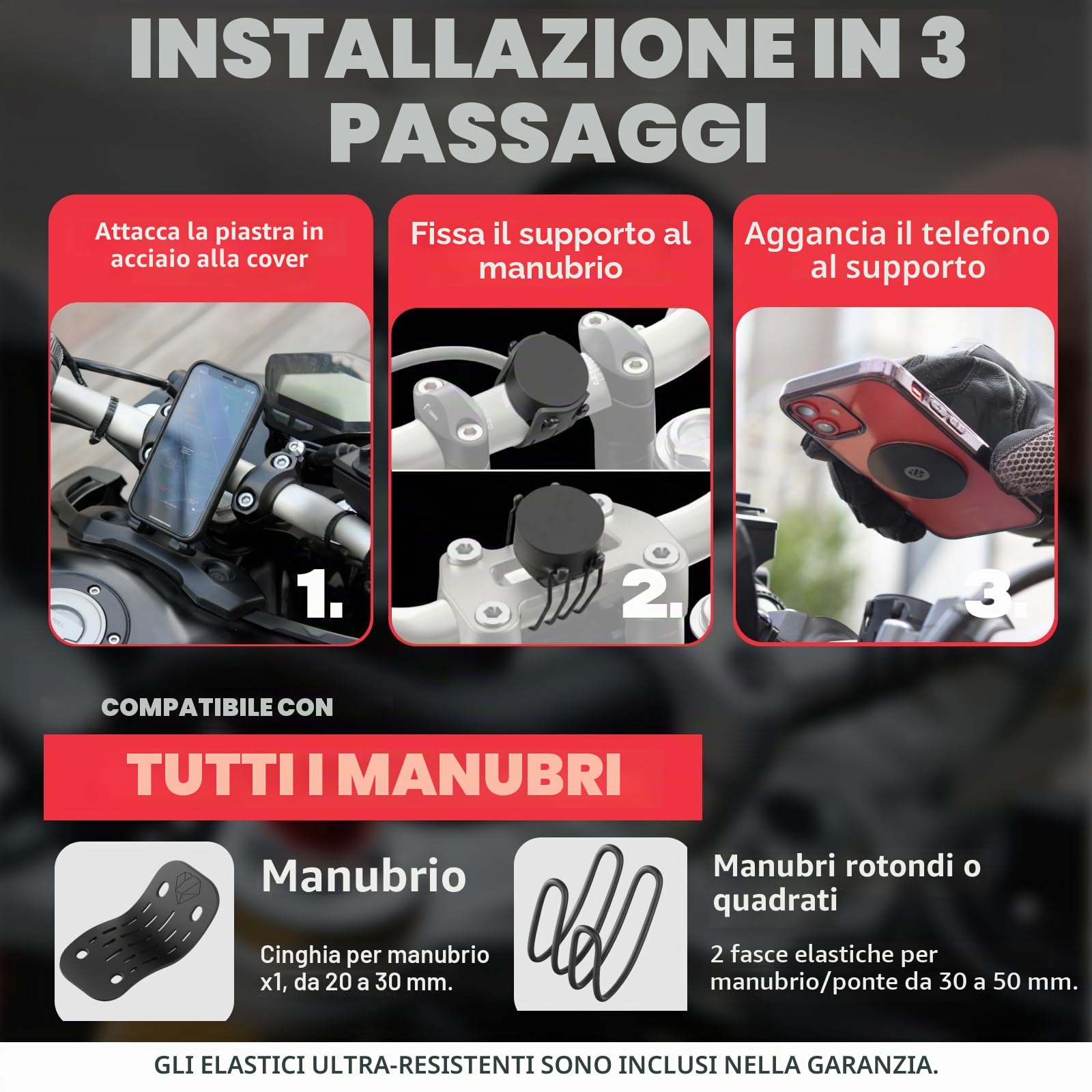 Shapeheart Innovazione francese, Portacellulare magnetico per moto con piastra in acciaio ultrasottile, Anti riflessione, Supporto per telefono per manubri o ponti di moto, Accessorio moto universale