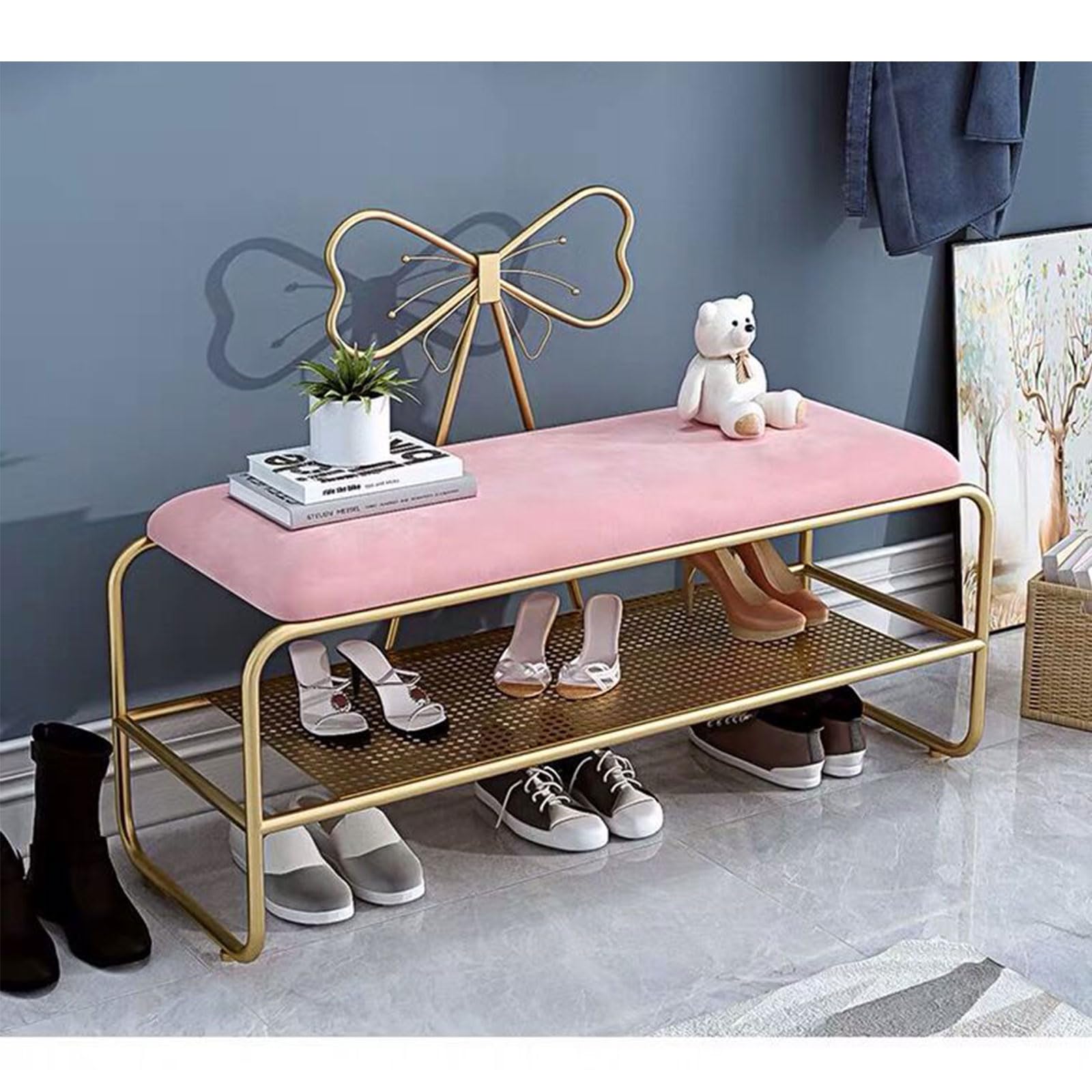 Tabouret léger et luxueux pour chaussures meuble d'entrée rose